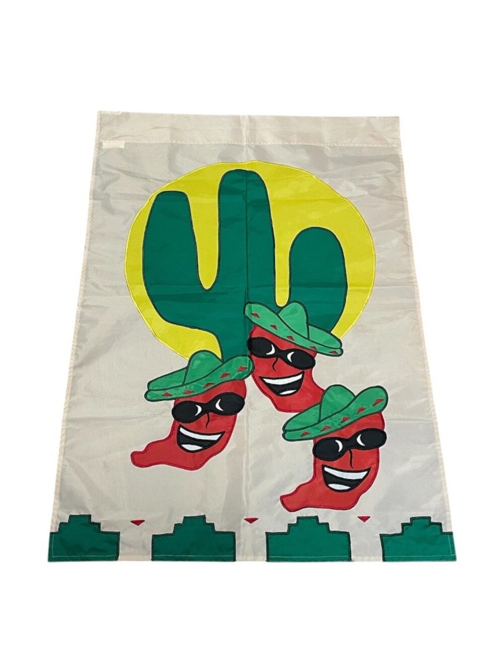 Vintage 90s Southwest Desert Flag Yard Garden Chili Peppers Sombrero Applique